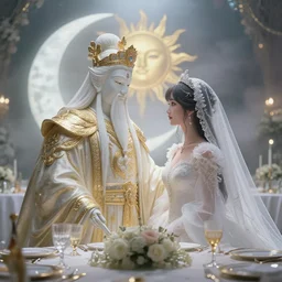 a dreamlike portrait of wedding photograph close up moment of a divine a taiwan sun god and moon goddess lovers magician at a wedding banquet. anime key visual, official media, weathering with you art masterpiece by wlop and krenz cushart, extremely detailed, 8 k, trending on artstation, cinematic lighting, beautiful, mist, photorealistic,, unreal engine. concept art. fantasy wedding photo.