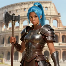frontview portrait of gladiator warrior lady, young, mild japanese features, dark skin, light blue hair, ponytail, brown heavy armor, axes, posing, coliseum background, highly detailed, smooth, sharp focus, digital painting, artgerm and greg rutkowski and alphonse mucha, comic book cover art