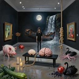 painting of a flooded art gallery, black bench seat, a tall emo girl, a brain sculpture, moonlight, a burnt canoe and knotted hemp rope, candles, art gallery interior with black walls, pigs, courgette, waterfall, pomegranates, octopus, zen, black swans, berries, surrealist, by magritte and monet