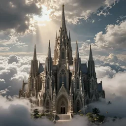 dieselpunk cathedral that dwarfs all other buildings, the top of the cathedral is piercing through the clouds, atmospheric, photorealistic, environment concept art