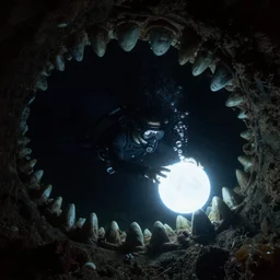 diver in a dark cave underwater, painting, cosmic, haunted, cave like teeth, bubbles, scary, reaching for glowing white sphere, darkness encircling, closing in on him, shadows like teeth, 4k,