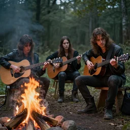 stalkers from the game s. t. a. l. k. e. r are sitting by the campfire with guitars, realism, maximum detail, high quality, good study of style, depth of field, focus, a picture of classicism