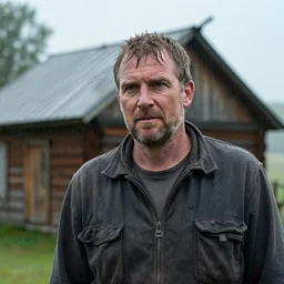 a cinematic headshot portrait of a farmer, stood outside a wooden cabin, by krenz cushart, raining, movie still, shallow depth of field, dramatic lighting,