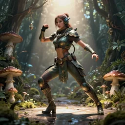 female earth mage, high quality character design, action pose : : spotlight, biopunk, forestpunk, high detail, mushroomcore 1 6 k, oled, shadows, reflections, digital art