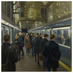 crowded subway station interior, art deco, brutalism, dystopian, pj crook, edward hopper, oil on canvas