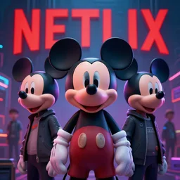 group of people, the 3 d head of mickey mouse, netflix logo, cyberpunk art, tranding on artstation, cgsociety, dystopian art, masterpiece, octan render