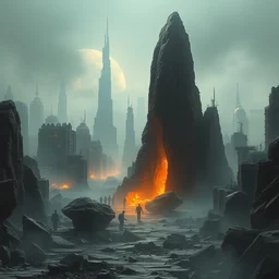 a realistic detailed photo of a futuristic city, rocks coming out of the ground, fire, dead peoples, destroyed city, foggy landscape, light particles, detailed light, realistic shaders, trending on artisation, detailed textures, detailed, realistic.