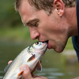 close up shot of brian blessed swallowing a fish whole. photography, photographic