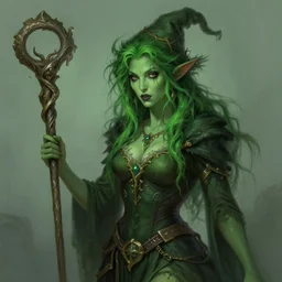 portrait of a swamp witch, green skin, green hair, holding a caduceus staff, messy hair, d & d, fantasy, intricate, elegant, highly detailed, digital painting, artstation, concept art, matte, sharp, illustration, hearthstone, art by artgerm and greg rutkowski and alphonse mucha