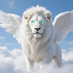 ethernal giant white lion with angelic white mane and bright glowing mint eyes blending into white clouds in a heavenly blue sky