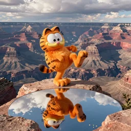 Garfield doing a kick flip over the grand canyon, stunning detail, photo realistic, surface reflections