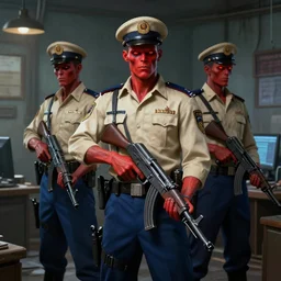 ghoul security officers from with glowing red skin in vintage muted beige uniforms and caps with blue pants holding submachine guns in a brutalist office setting trending on artstation digital painting 4 k sharp detail high quality