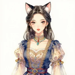 central asian woman with cat ears, wearing a lovely dress. this watercolor painting by the award - winning mangaka has impeccable lighting, an interesting color scheme and intricate details.