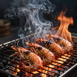 shrimp that was left on the grill way too long there is a lot of smoke , burning shrimp, thick smoke, black smoke, grill, flames, overcooked shrimp, high particle count, photo realistic, matte finish