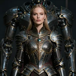 portrait of christine turlington as warrior of dark futuristic robotic world, by jan van eyck, alfred gilbert, mysticism, intricate, highly ornate dark gold trim armoury