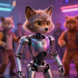 film still from the movie chappie of the robot chappie shiny metal indoor dance party neon rave scene bokeh depth of field several figures furry anthro anthropomorphic stylized cat ears wolf muzzle head android service droid robot machine fursona