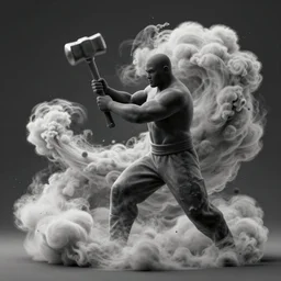 a very strong blacksmith swinging his hammer he is made of psychedelic dust clouds dancing in the wind, hyper realistic, roaring fire, midday, realistic lighting, psychedelic dust, psychedelic dust, photo realistic, 4k
