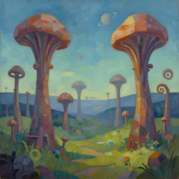 impressionist landscape painting of a strange alien fungal forest with spiral plants, planets visible in sky, low poly, concept art