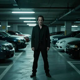 denis villeneuve movie still of a silhouetted yakuza in an underground parking lot, many exotic cars, rack focus, close establishing shot, monochromatic teal, dark teal lighting, soft dramatic lighting, 4 k digital camera