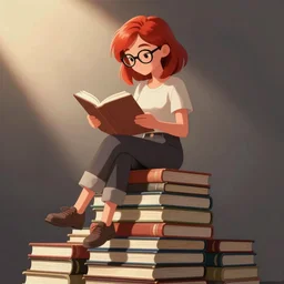 a young woman with red hair and glasses sits on top of a tall pile of books. she is reading. clean pretty cartoon painting, cel shaded, beautiful detailed face.
