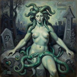 a beautiful painting medusa's in the graveyard, by picasso realistic oil painting