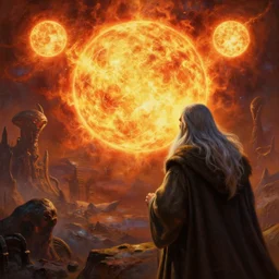 a beautiful painting of gandalf watching a huge fireball destroy an alien world with dual suns, ray traced lighting by jean kalin popov and greg rutkowski