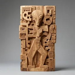 intricate abstract wooden sculpture of a mix of alien, cubist, futuristic mayan design influences