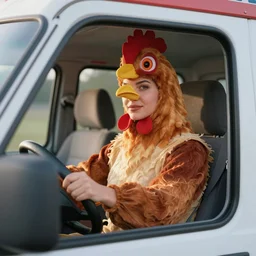 a woman in a chicken costume driving a u - haul