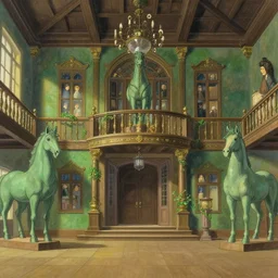 main hall with horse statues, green and brown decorations by studio ghibli painting, by ohara koson and thomas kinkade