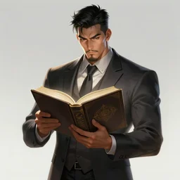 a highly detailed illustration of serious short black haired asian man with goatee wearing suit, dramatic reading book pose, muscular, intricate, elegant, highly detailed, centered, digital painting, artstation, concept art, smooth, sharp focus, league of legends concept art, WLOP