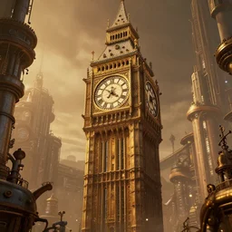 gigantic clock tower in the middle of a steampunk city, warm, 8 k, 4 k, highly detailed art, intricate designs