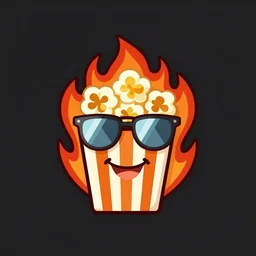 vector anime style logo featuring a single piece of flaming piece of popcorn with a smiling face, with mirrorshades sunglasses, popcorn as morpheus, clean composition, symmetrical