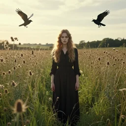 thistles, grass, sun, beautiful woman. a meadow, late english summer. folk horror style. beautiful. gothic. dreamy. rooks
