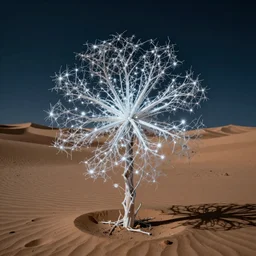 super detailed withered cyber flower on desert background at tne night