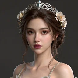 complex 3 d render, ultra detailed, realistic portrait of a beautiful porcelain skin woman, face, wispy, wavy hair worn tied back in a messy bun, wearing filigree silver elven circlet, wide hazel open eyes, flowers in hair, brown eyeshadow, mauve lips, natural makeup, 8 5 mm lens, beautiful, studio portrait, spaghetti strap dress,