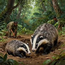 Badger Archaeologists Digging a Hole Deep in the Amazon Jungle artwork by Sergey Kolesov, detailed, dynamic, cinematic composition