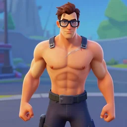 a white body builder wearing glasses in fortnite, screenshot from fortnite, brown hair, receding hairline