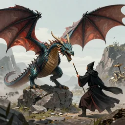 a dragon battling with a wizard in a mountain