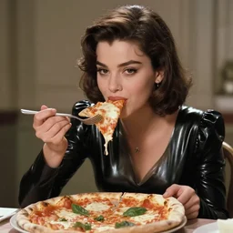 a film still showing a young beautiful sophia loren, eating a pizza margherita with hands and a fork, shiny black latex dress, large cornicione, smooth lighting, masterpiece, timeless, genious composition