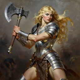 A Frank Frazetta oil painting of a beautiful muscular barbarian blonde woman wearing silver armor holding a large battle axe , dynamic shot , HD 4k , intricate , highly detailed , atmospheric , sharp ,