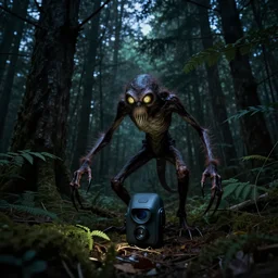 trail camera night vision, horror skinny creature with glowing eyes and long claws in midnight forest