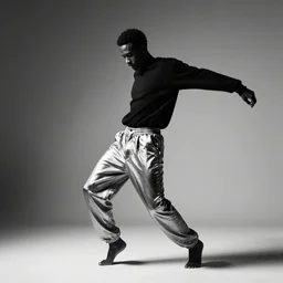a man in zirconium pants dancing to time, black and white