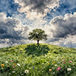 grassy hills single tree center, flowers and fantasy sky, through clouds blue sky, watercolor