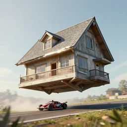 Alexander Jansson Style, flying house Modernist, in a race competition, realistic, Many Details, Ultra Detailed, Octane Render, Real Engine 5 Cinematic, Realistic, Intricate Detail, Finely Detailed, Small Details, Extra Detail More details, tiny details, high resolution, 3D, PBR, path tracing, volumetric lighting, octane render, Arnold Render, 8k