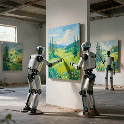 robotic painters draw lush landscapes in an abandoned art gallery, 4 k, cinematic lighting