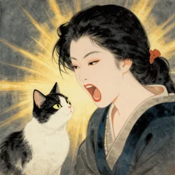 woman yelling at cat meme nihonga painting by uemura shoen