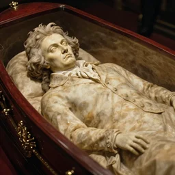 beethoven's mummified corpse in a casket, close up shot.