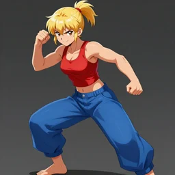 A short and athletic young woman with blonde ponytails, a determined smile, wearing a red tank top and wide, roomy blue pants. Fighting shonen anime, digital painting by WLOP