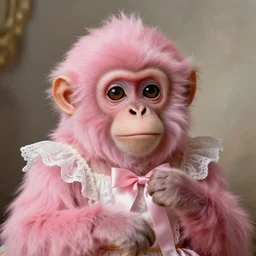 baroque rococo painting Royal Fancy Monkey Hildebrandt Lisa Frank high detail cute adorable whimsical up close simian ape monkey ribbon pink fur