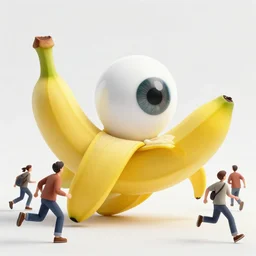 a giant banana covered in eyeballs, scared people running